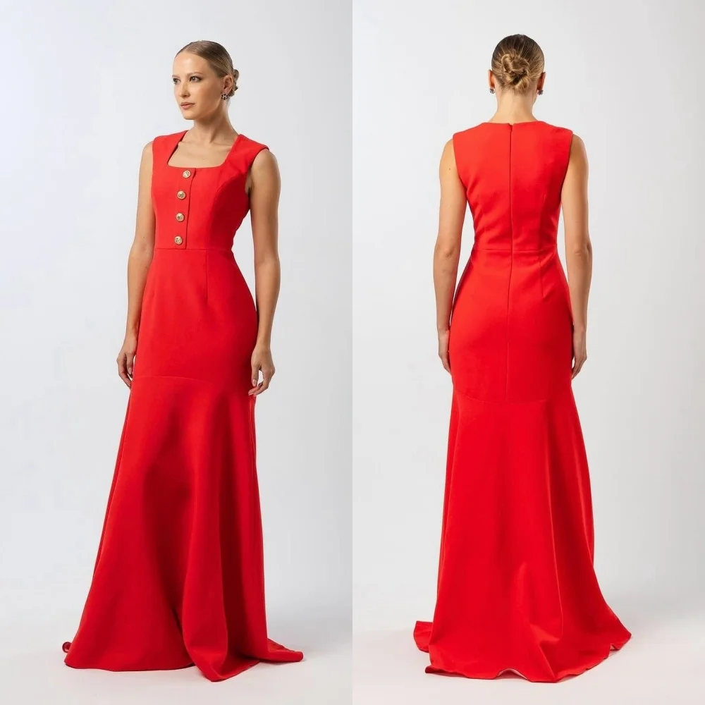 

Длинные платья из джерси на пуговицах с квадратным вырезом и длинными рукавами, вечернее платье на заказ, элегантное, простое, высокое качество