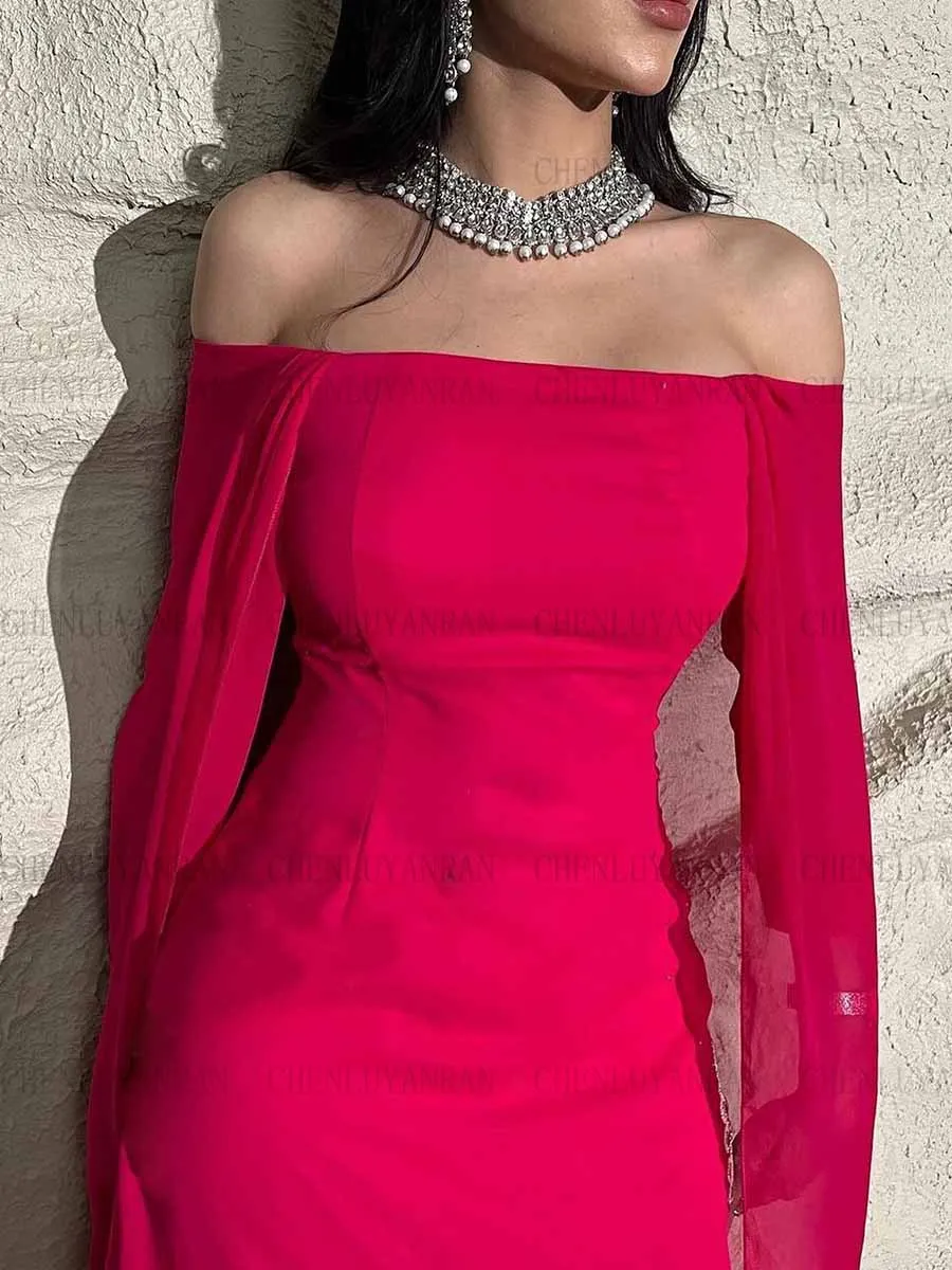

Hot Pink Formal Occasion Dresses 2023 Off-Shoulder Long Sleeves Sexy Party Dress Mermaid Evening Gowns فساتين مناسبة رسمية
