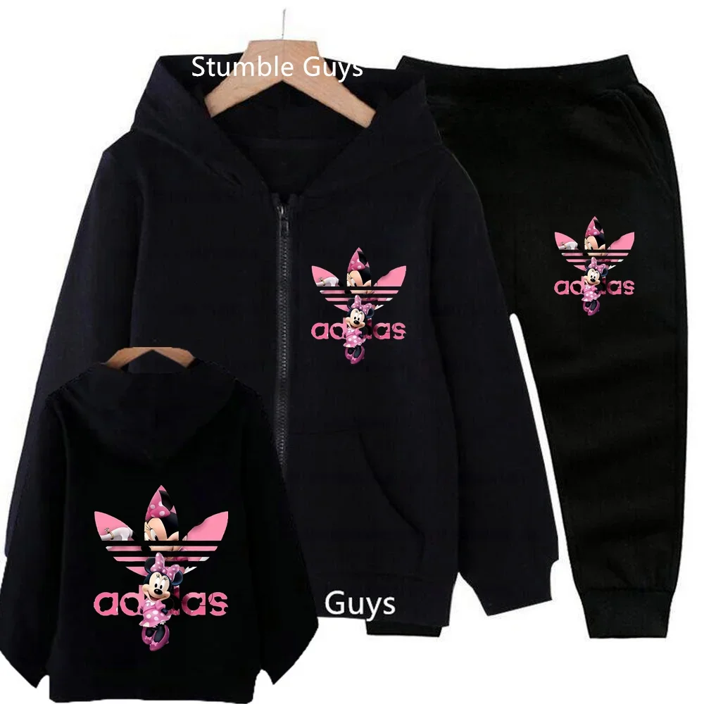 Disney Minnie Mouse Mouse Girls Sweatshirt New Spring and Autumn Zipper Hoodie Set Animation Children\'s Clothing