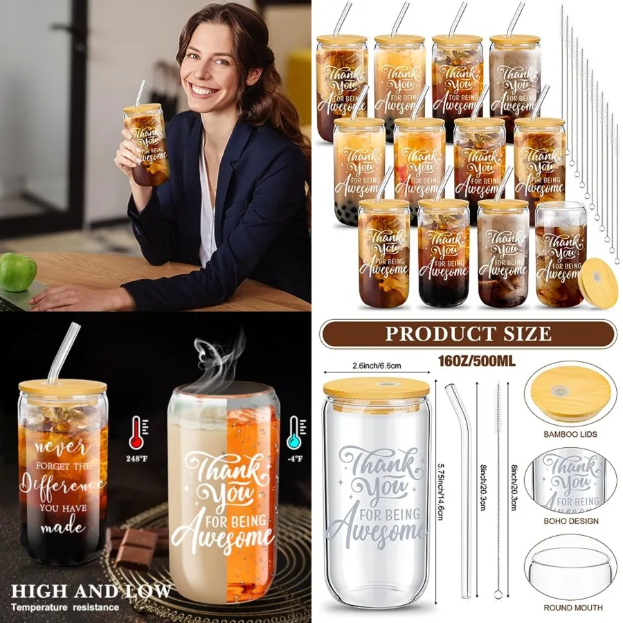 

12 Set Employee Appreciation Gifts Glass Cups Gifts for Staff Coworker Appreciation Cups 16 oz Can Shaped Beer Glass with Lids