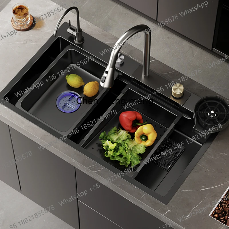 Stainless Steel Black Raindance Waterfall Kitchen Sink Large Single Bowl Wash Basin Sink Undercounter Topmount Faucet Drain