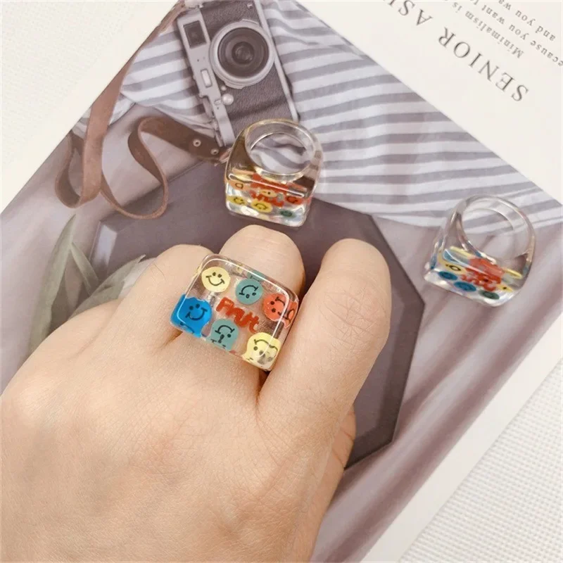 Cartoon Colorful Smiling Face Acrylic Ring for Women Cute Fun Casual Korean Fashion Rings Aesthetics Y2k Accessories Jewelry