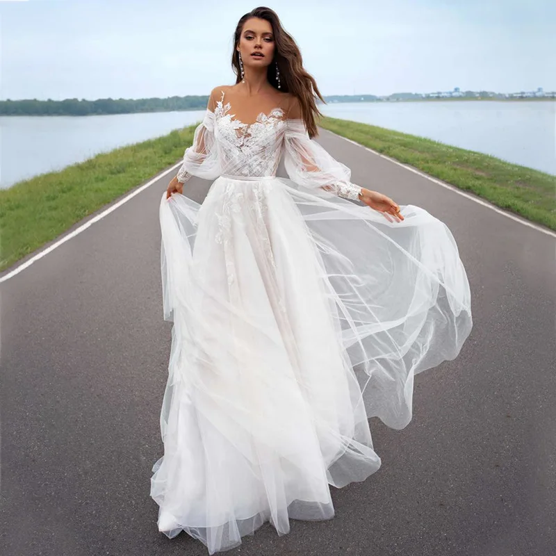 Customized A Line Women Wedding Dresses Tulle Scoop Neck BOHO Puff Sleeves Bridal Gowns Vestido De Noiva robe de mariée