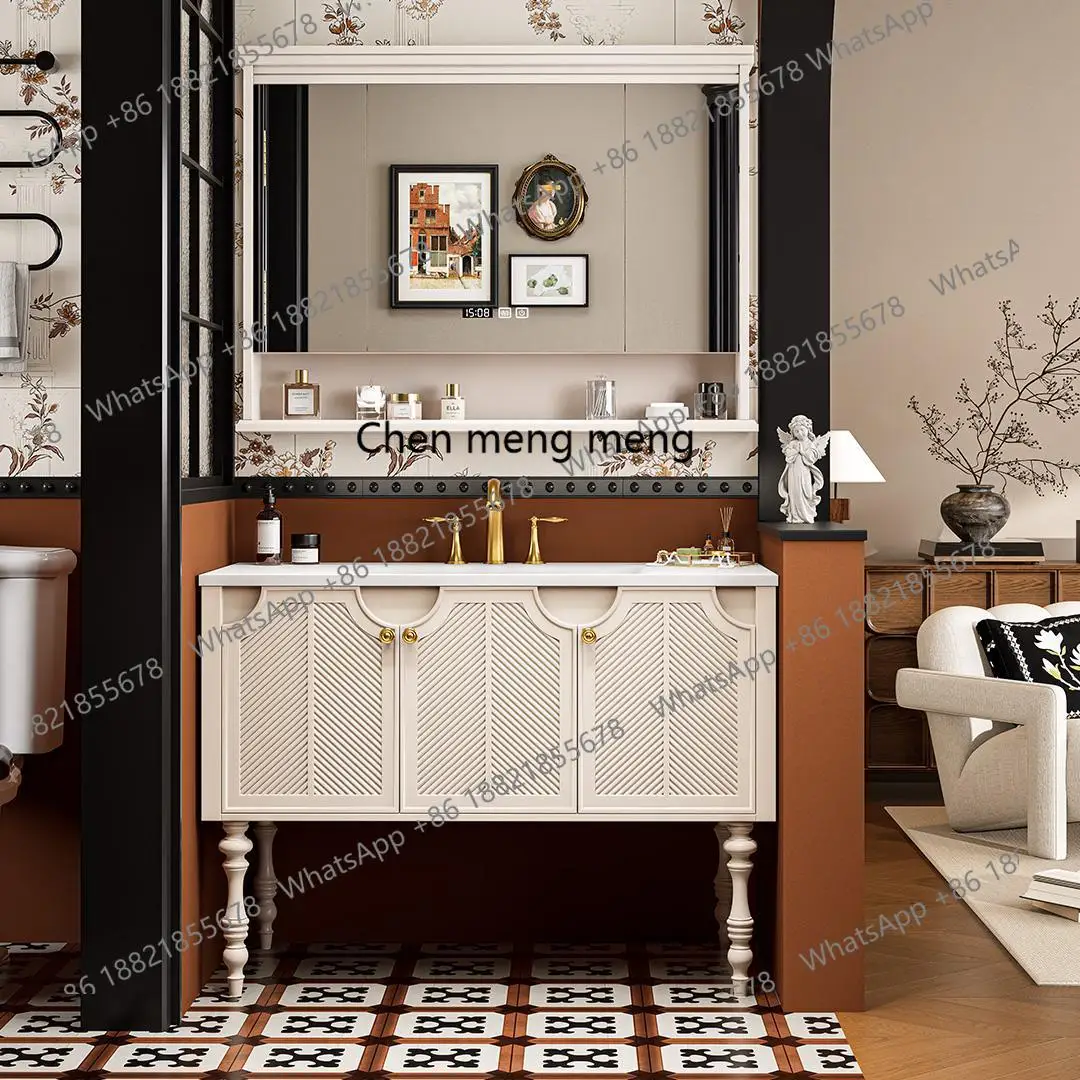 

French wind wash basin cabinet combination rubber wood bathroom cabinet washbasin rock slab seamless integration