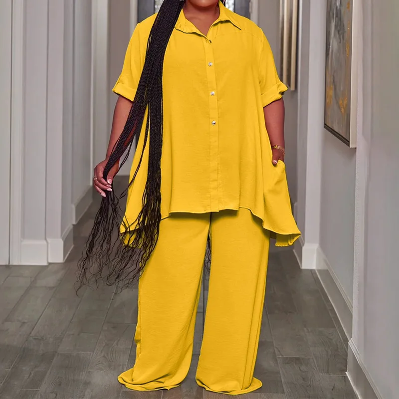 Slergiri Women's Plus Size Two 2 Piece Set 2025 Summer Turn-down collar Button Long Shirt Top And Wide-leg Pants Woman Sets