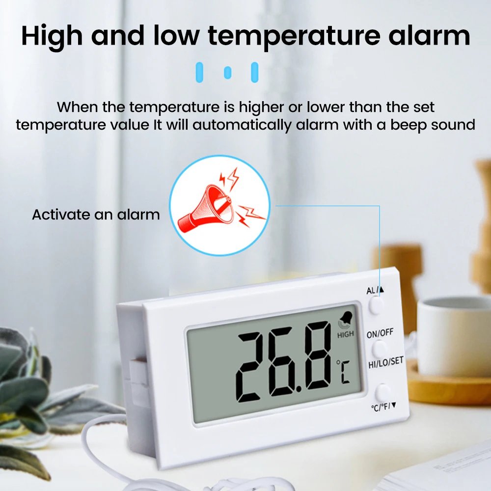 Termómetro electrónico integrado termómetro digital termómetro prueba de temperatura con alarma de temperatura refrigerador caja de mascotas