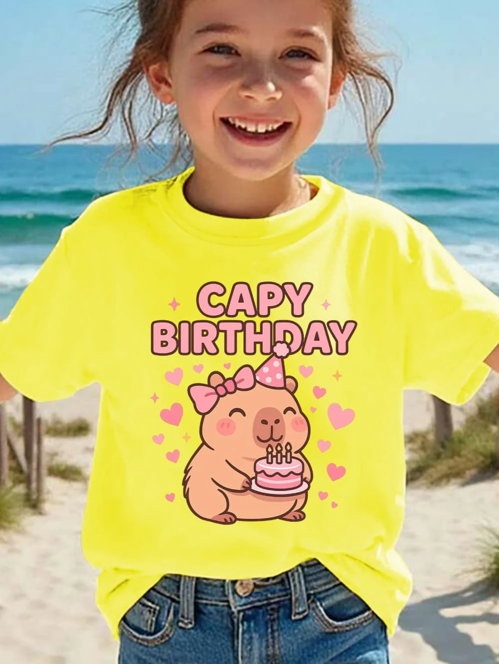 Girls T-Shirt Capybara Kids Clothing Summer Printed Cartoon Short Sleeve Tee Children Basic Loose Round Neck Tops Birthday Gifts