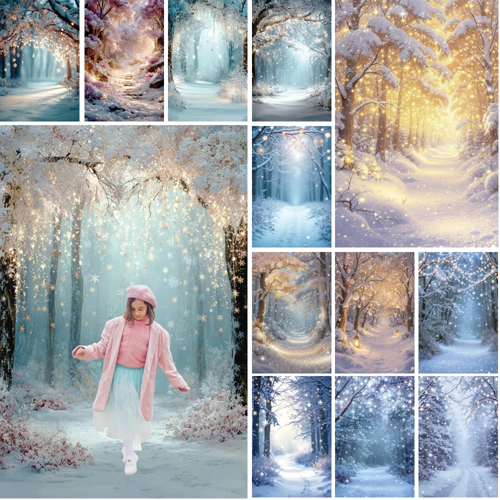 

MOON.QG Enchanting Snowy Woodland Photo Background Frosted Tree Arches Blossom Christmas Backdrop Birthday Studio Party Decor