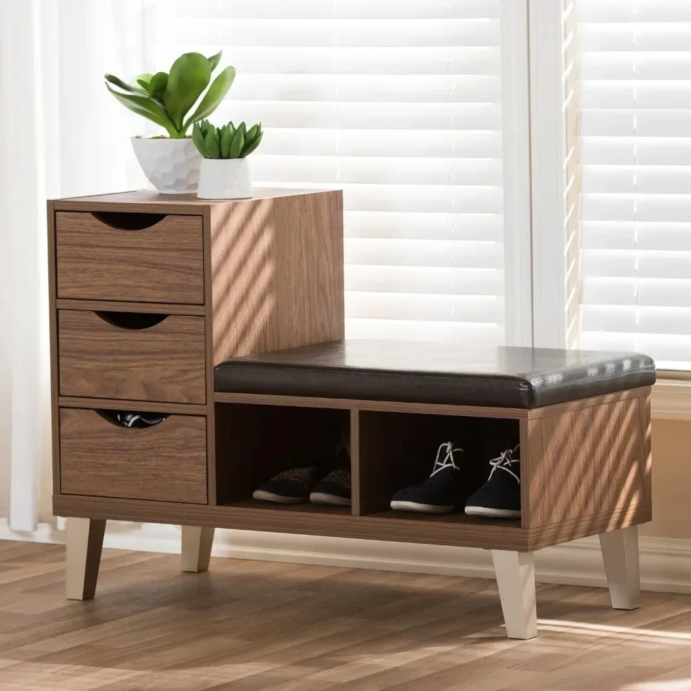 Shoe Cabinets, Brown Contemporary Seating Bench Faux Wood Grain Veneer for Easy Opening 3 Drawers and 2 Open Shelves