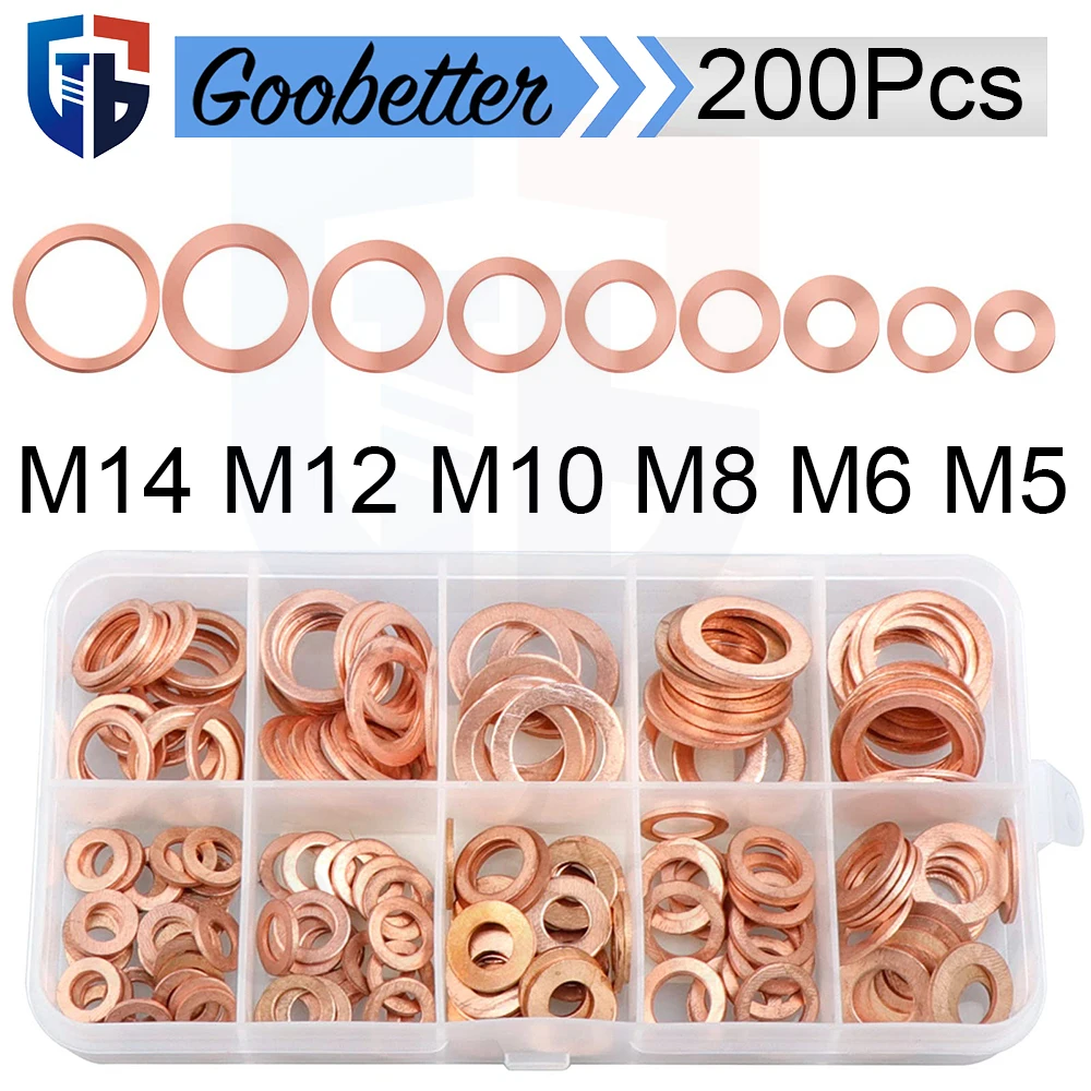 

200Pcs Copper Metric Sealing Washers Assortment Kit Set M5 M6 M8 M10 M12 M14 (9 Sizes) Flat Ring Sump Plug Oil Seal Gasket