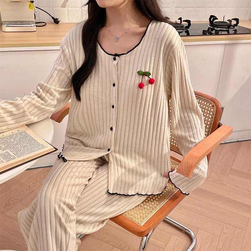 أطقم بناطيل بأكمام طويلة أطقم بيجامات قطنية كورية للخريف والشتاء بيجامات نسائية تقدم جديدة ملابس نوم نسائية بدلة منزلية #4