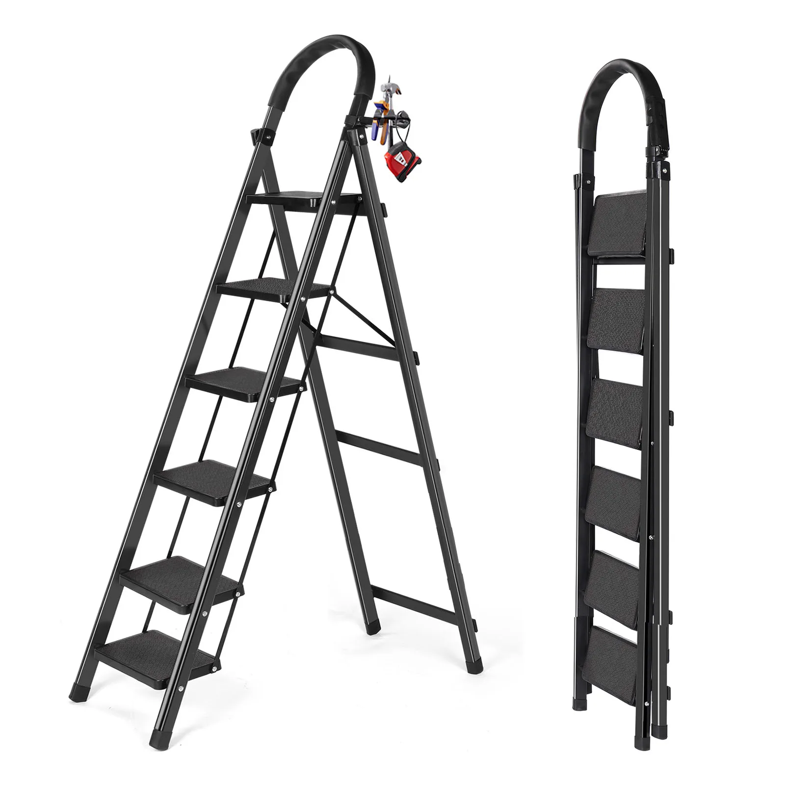 Folding Stepladder,5-6 Steps,  Integrated Multifunctional Storage , with Platform Locking