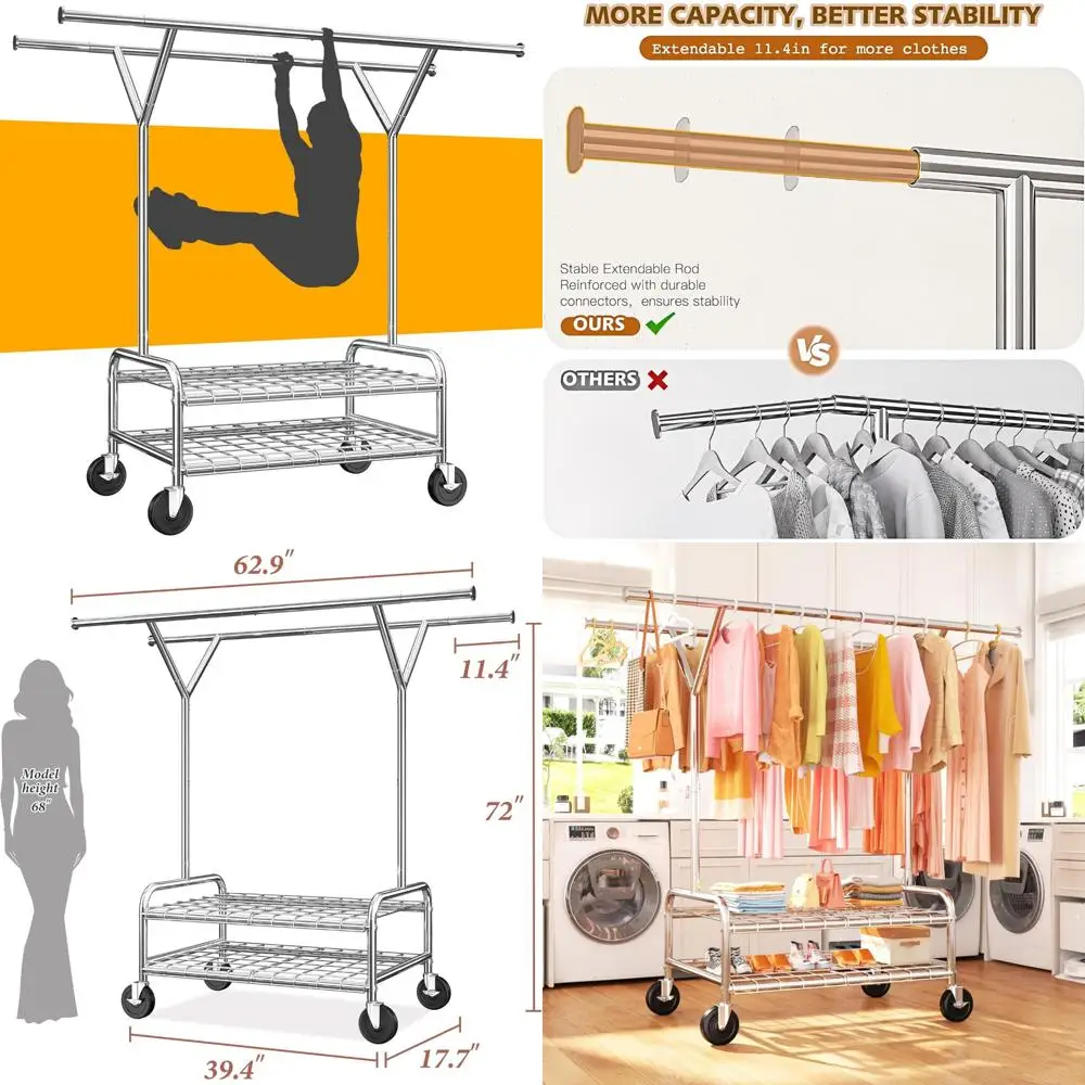 رف ملابس ذو قضيب مزدوج عالي التحمل، سعة 500 رطل، لتعليق الملابس بعجلات، مثالي للمنزل والتجاري