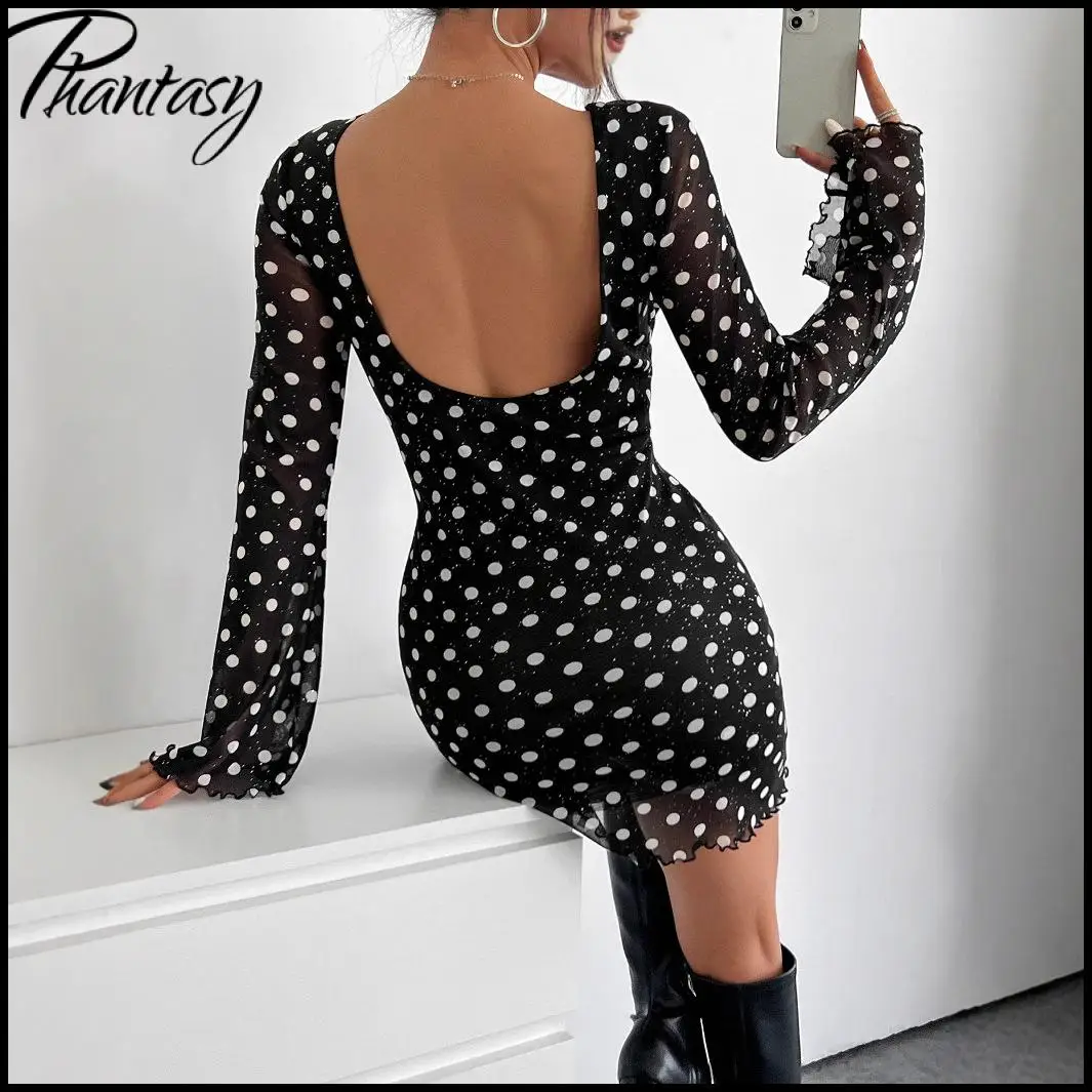 

Fashionable Polka Dot Print Long-Sleeve Dress for women Elegant O-Neck Backless Ruffled Bell Sleeve Dress Spring Casual Outfit
