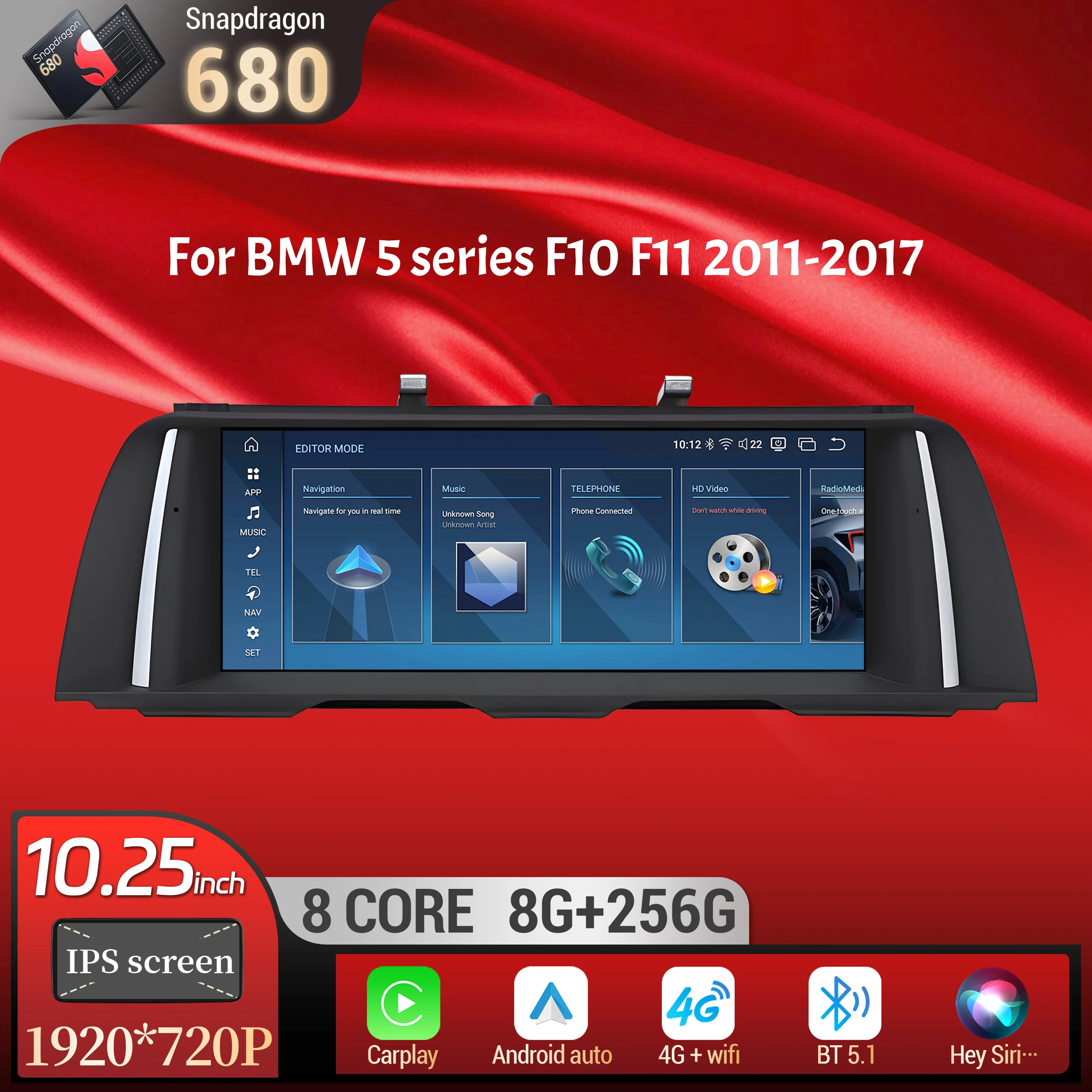 

10.25 inch Android 13 For BMW 5 series F10 F11 2011-2017 Car Radio Wireless Bluetooth Carplay Snapdragon 680 Head Unit Screen