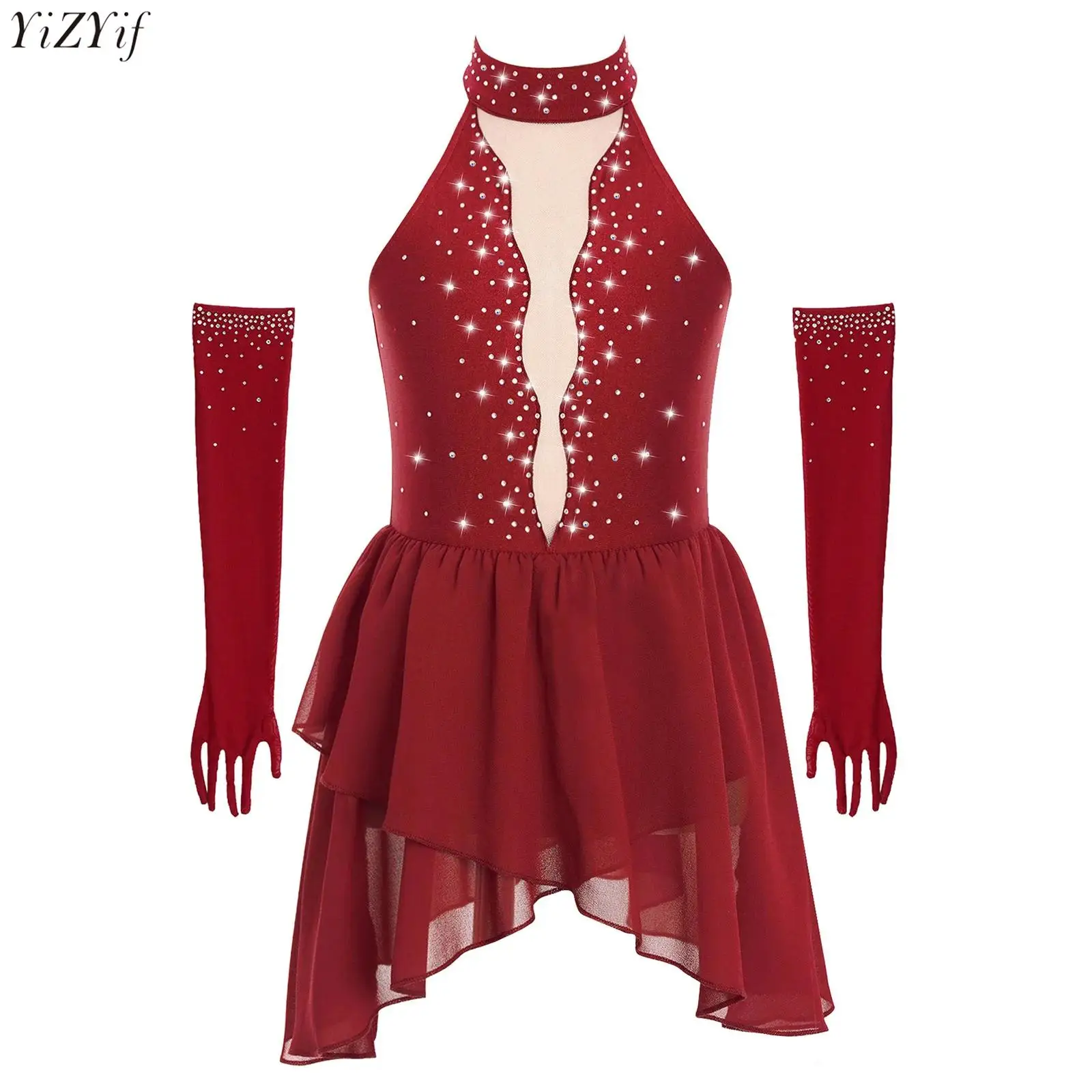 

Kids Girls Lyrical Dance Outfit Rhinestone Sheer Mesh Patchwork Sleeveless Mock Neck Rregular Hem Dress with Gloves 2Pcs/Set