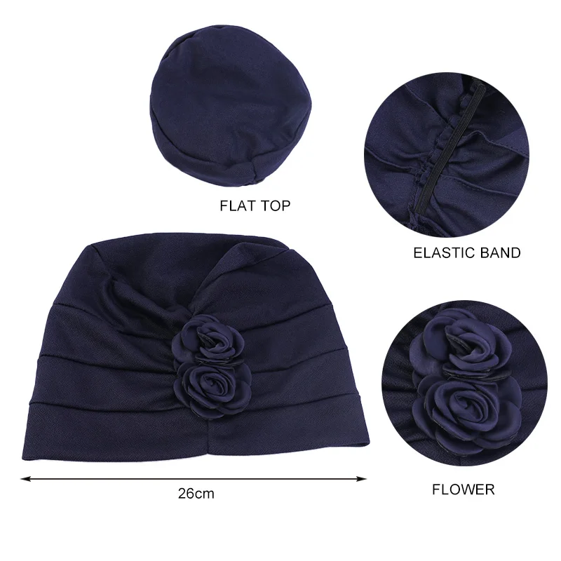 New Women Solid Colors Flower Decro Turban Cap Beanies Muslim Hijab Soft Head Cover Hair Loss Cancer Chemo Hat Islamic Head Wrap