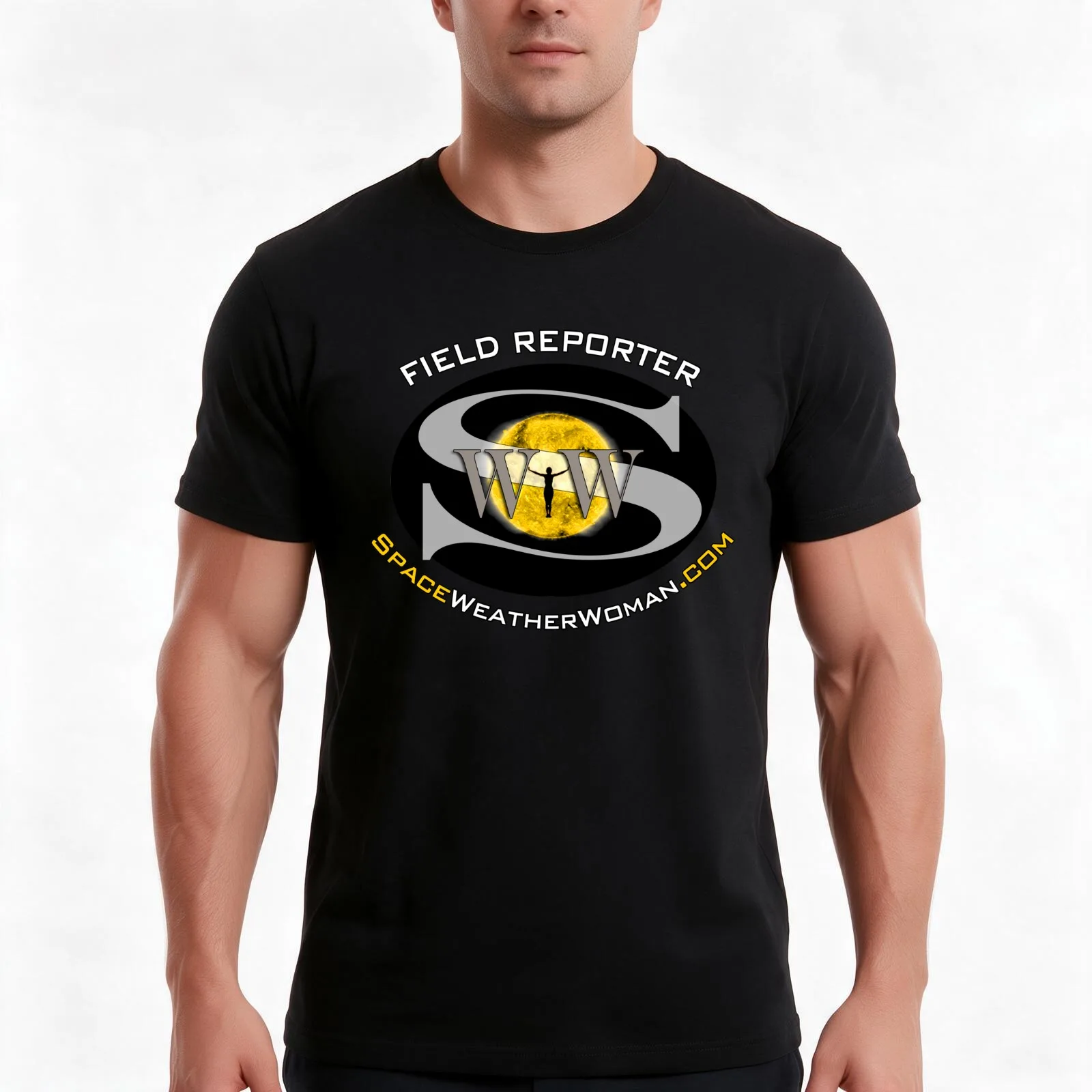 Space Weather Woman Field Reporter Yellow Sun T-Shirt, Summer Casual Cotton Tee, Oversized Streetwear Tops, Unisex Men Women