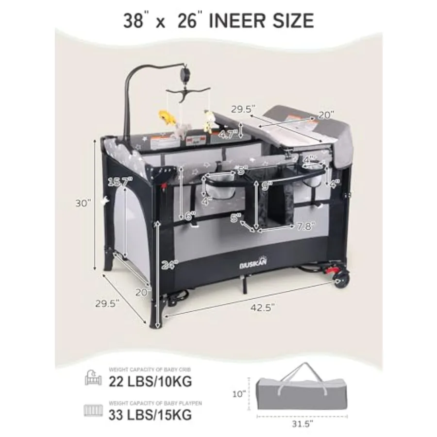 ベビーベッド、蚊帳付きポータブルベビーベッド、マットレス、おむつ交換台、新生児から幼児まで使えるプレイペン、パック