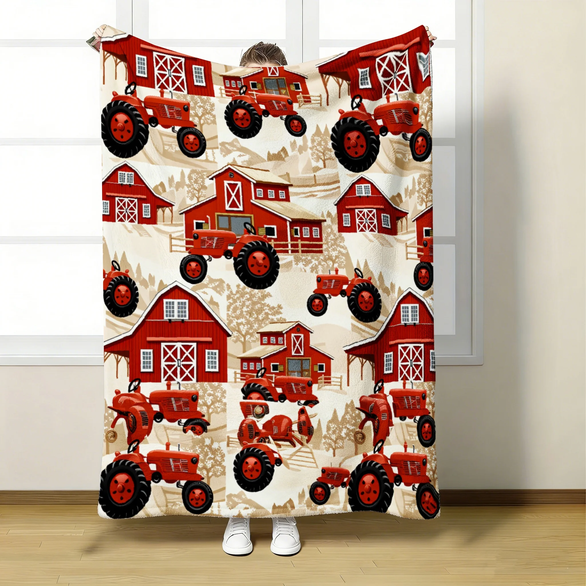 1 Stück rote Traktor-Scheunendecke, vielseitige Pfeildecke, weiche, leichte Ganzjahresdecke für Couch, Bett, Büro und Reisen, ideal für unterwegs, 280 g/m²