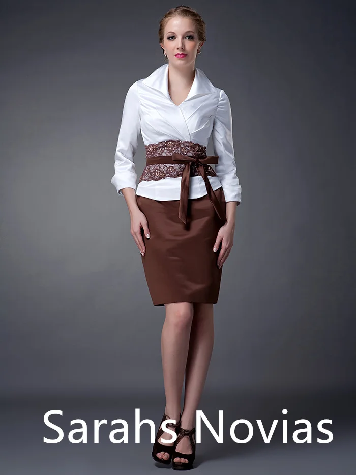 

White And Brown Short Knee Length Mother Of The Bride Dresses With Sleeves V Neck collar Dress For Bride's Mother Sheath Satin