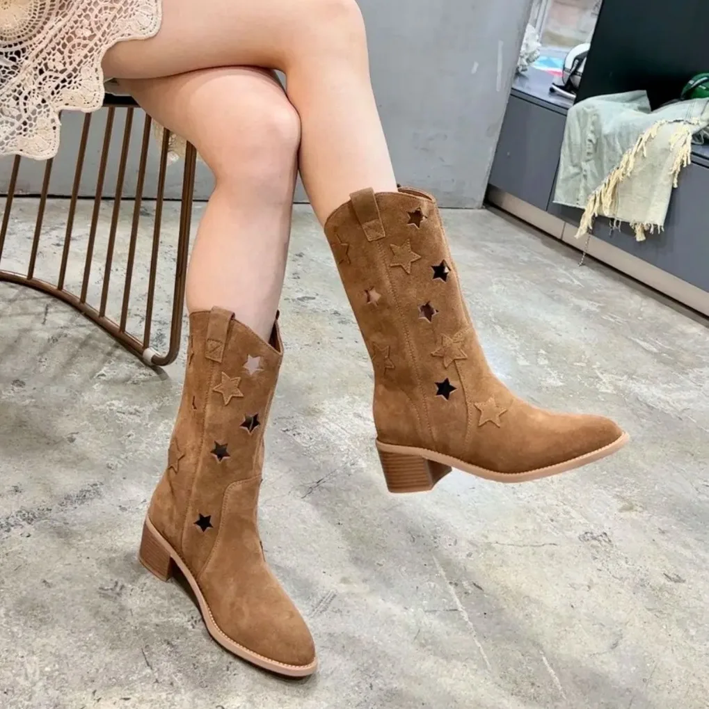 Desert Meteor 2024 Spring and Summer Chunky Heel Ankle French Retro Hollow Stars Pointed Toe Knee-High Women's Boots