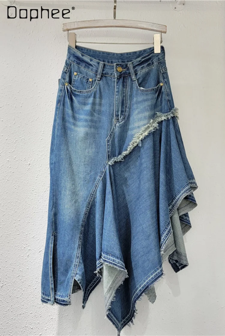 

High Waist Denim Skirts for Women Patchwork Irregular Split Pleated Midi Skirts Washed Blue Loose Casual Female Clothing