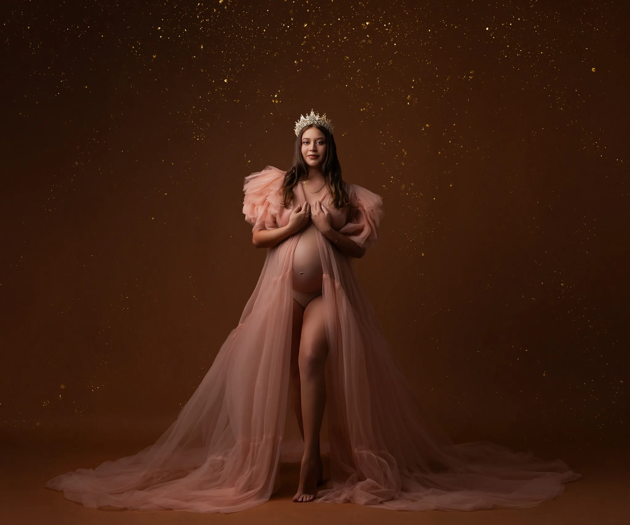 

Sexy Peach Pink Maternity Dress for Photography Ruches Sleevelss Slit Prom Gown Customized Tulle Pregnant BabyShower Gowns