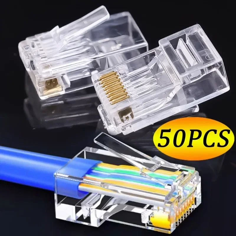 RJ45 Cat6 Pass Through Connectors Crystal End Gold-Plated 8P8C Crimp UTP Standard Ethernet Network Modular Plug for Solid