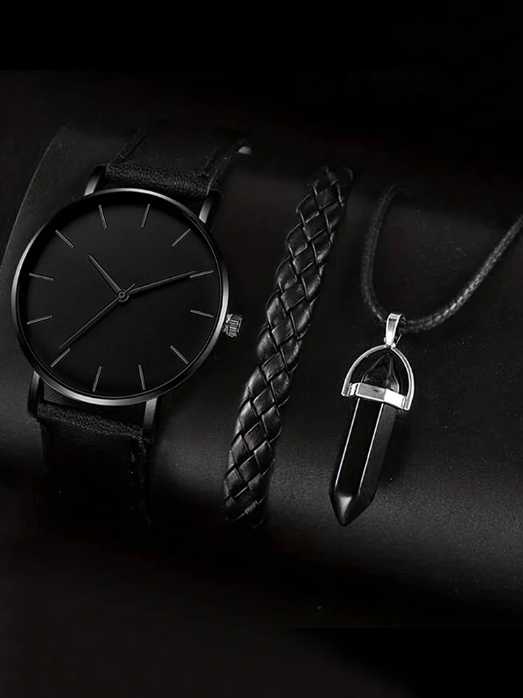 3pcs Fashionable, Simple and Casual MEN'S Belt Quartz Watch with Bracelet, Necklace Combination Set