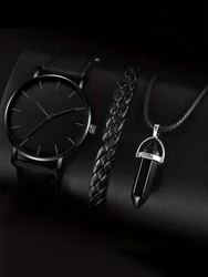 3pcs Fashionable, Simple and Casual MEN'S Belt Quartz Watch with Bracelet, Necklace Combination Set