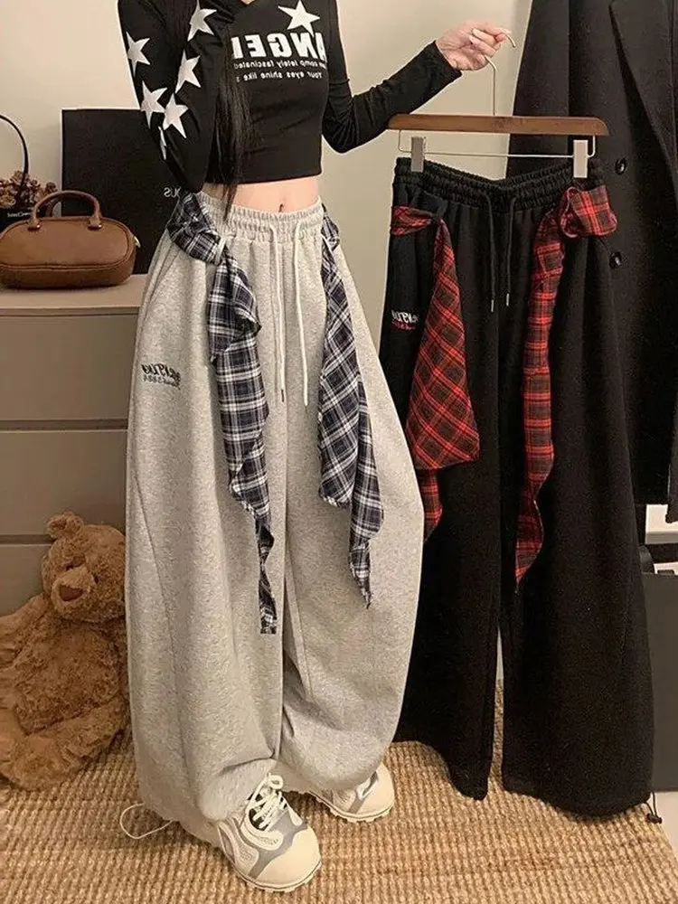 

plus Size Women's Plaid Wide Leg Pants American Retro Casual Sle Loose Fit All Season High Waist Elastic Waist Straight Cut
