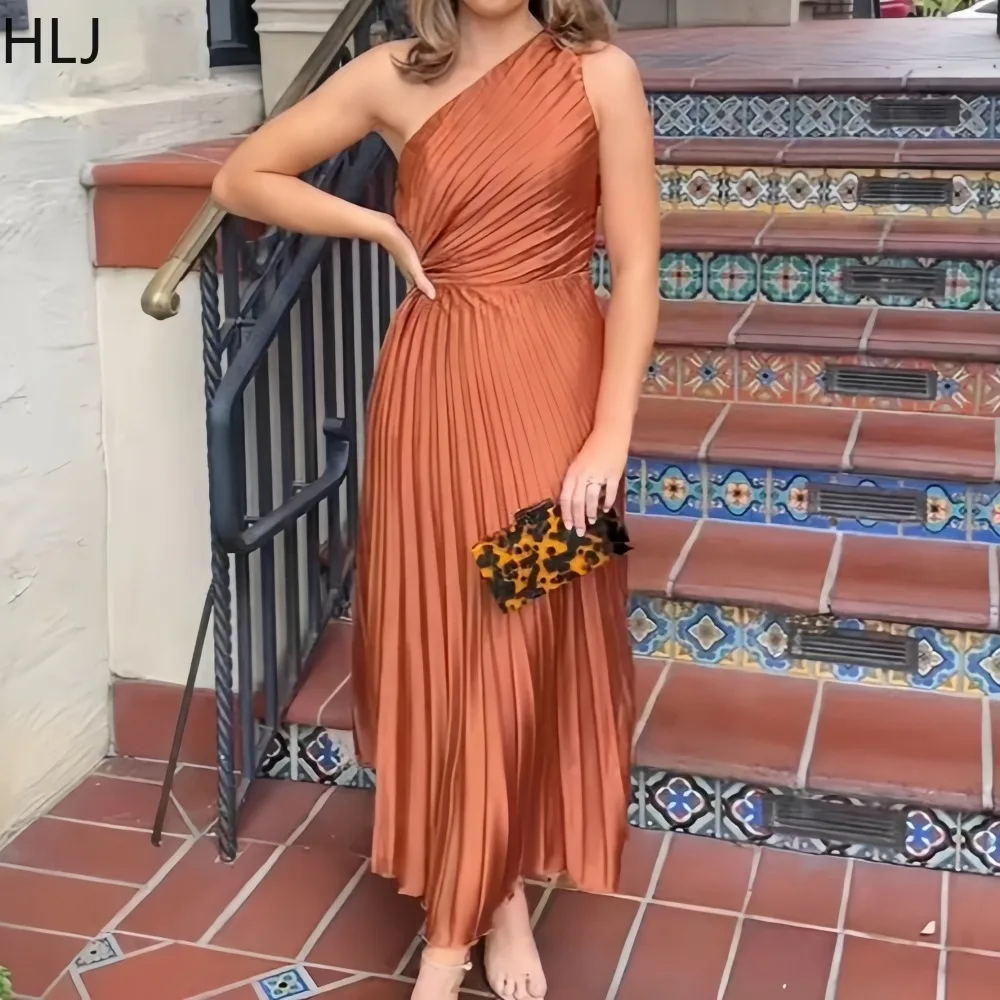 

HLJ Elegant Ruched Patchwork Bodycon Dresses for Woman Solid Color Off Showlder Sleeveless Dress Female Streetwear Vestidos New