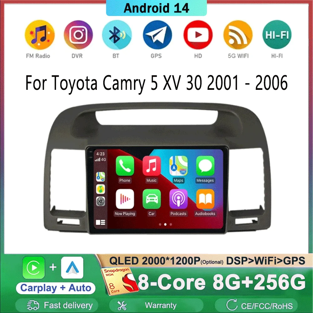 Android 14 Car Radio For Toyota Camry 5 XV 30 2001 - 2006 Multimedia Video Player Stereo GPS Navigation 5G WIFI Wireless Carplay