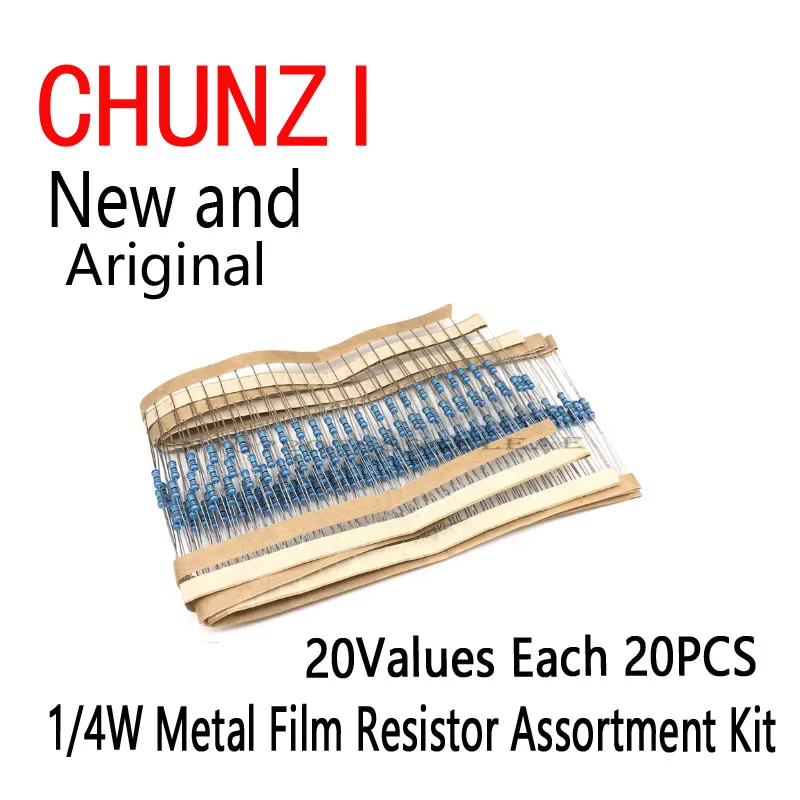 ชุดตัวต้านทานฟิล์มโลหะ 400 ชิ้น 20 ค่า*20 ชิ้น 1/4 วัตต์ ชุดรวมตัวต้านทานอิเล็กทรอนิกส์ 1K 10K 4.7K 470 680 โอห์ม ตัวต้านทาน 10 โอห์ม-1M โอห์ม