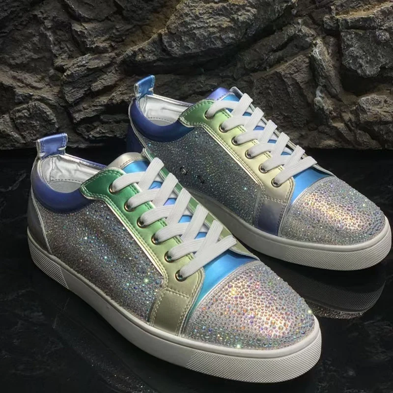 men's fashion stage nightclub rhinestone belts lace-up soft leather flats shoe diamond studded sneakers brand designer footwear