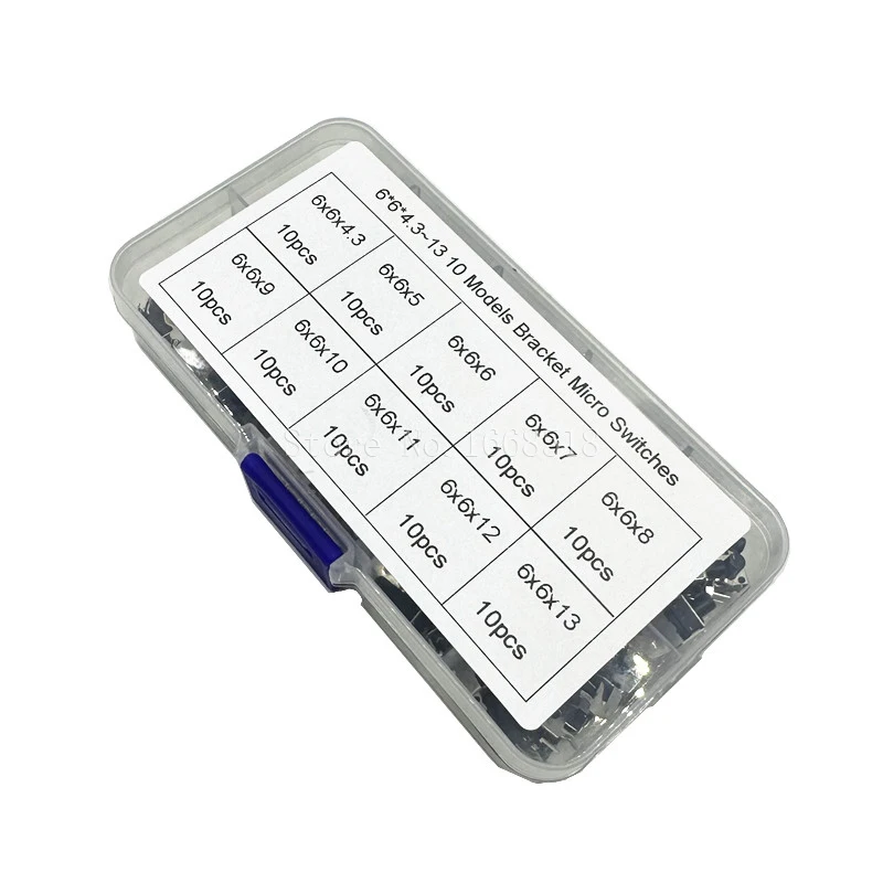 100pcs 10value 6x6mm Momentary Tactile Tact Mini Switch Mixed kit Box 6*6*4.3/5/6/6.5/7/8/9/10/11/12mm Right Angle With stent