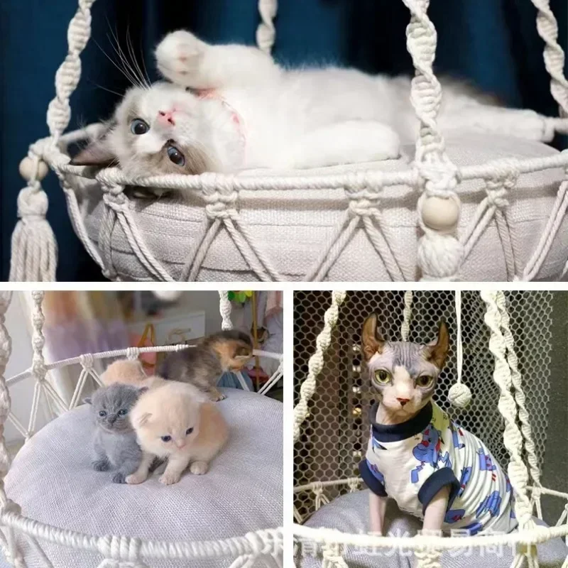 Supplies New Pet Hammock Cat Swing Hand Woven Cotton Rope Cats Hanging Basket  Kitten Hanging String Den Indoor Pend Nest Pets