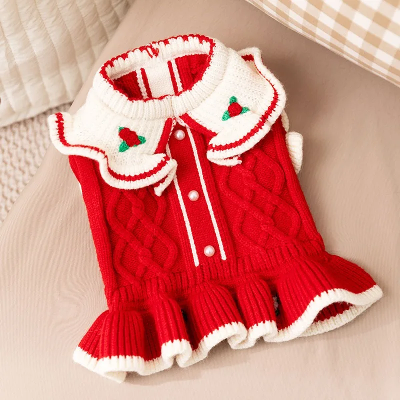

Winter Pet Dress Warm Clothes for Bichon Frise Princess-Style knitted Embroidered Flower Teddy Fur Dress Pet Supplies