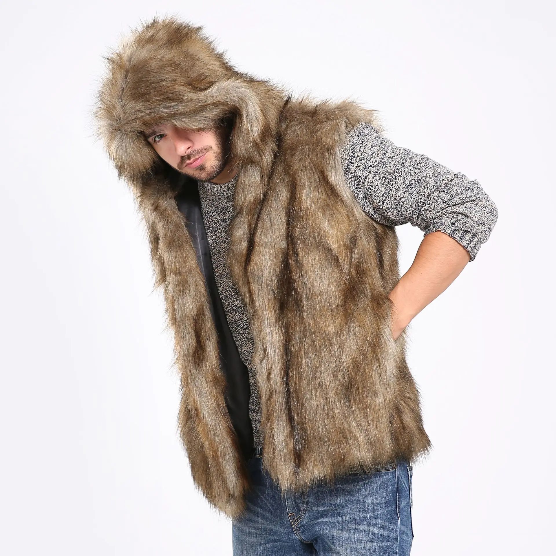 Faux Fur Men Vest Coats Hooded Sleeveless Short Coat Thick Y2k Streetwear Jackets Open Stitch Outerwear 2025 Autumn Winter