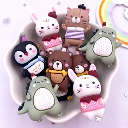 Hand Painted Resin Kawaii Colorful Rabbit Bear Penguin Dinosaur Flatback Stone Figurine 10PCS Scrapbook DIY Bow Decor Crafts OM4