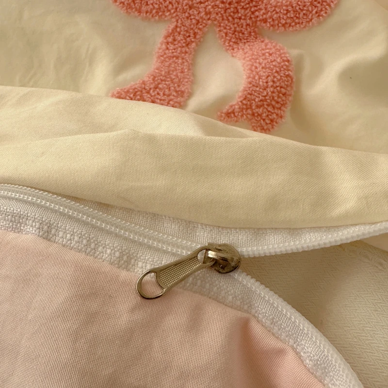 3-teiliges Bettlaken-Set mit Chut-Bowknot-Stickerei, Bettbezug-Set, bequemes Bettwäsche-Set, Tagesdecke für alle Jahreszeiten – Detail 7