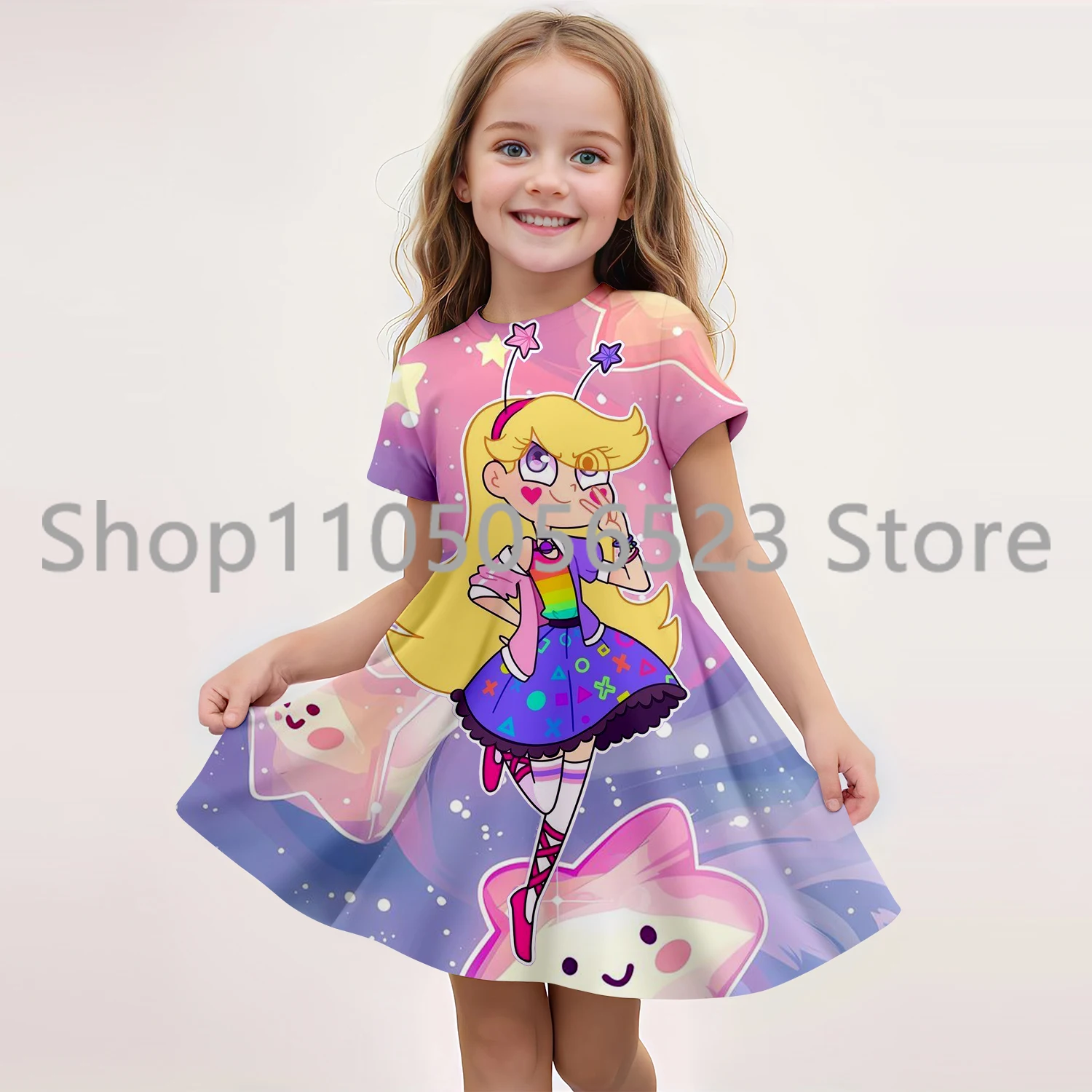 

2025 Summer New Children's Clothing 3D Printed Star Butterfly Short-Sleeved Dress 7-13 Years Kids Princess Performance Clothing
