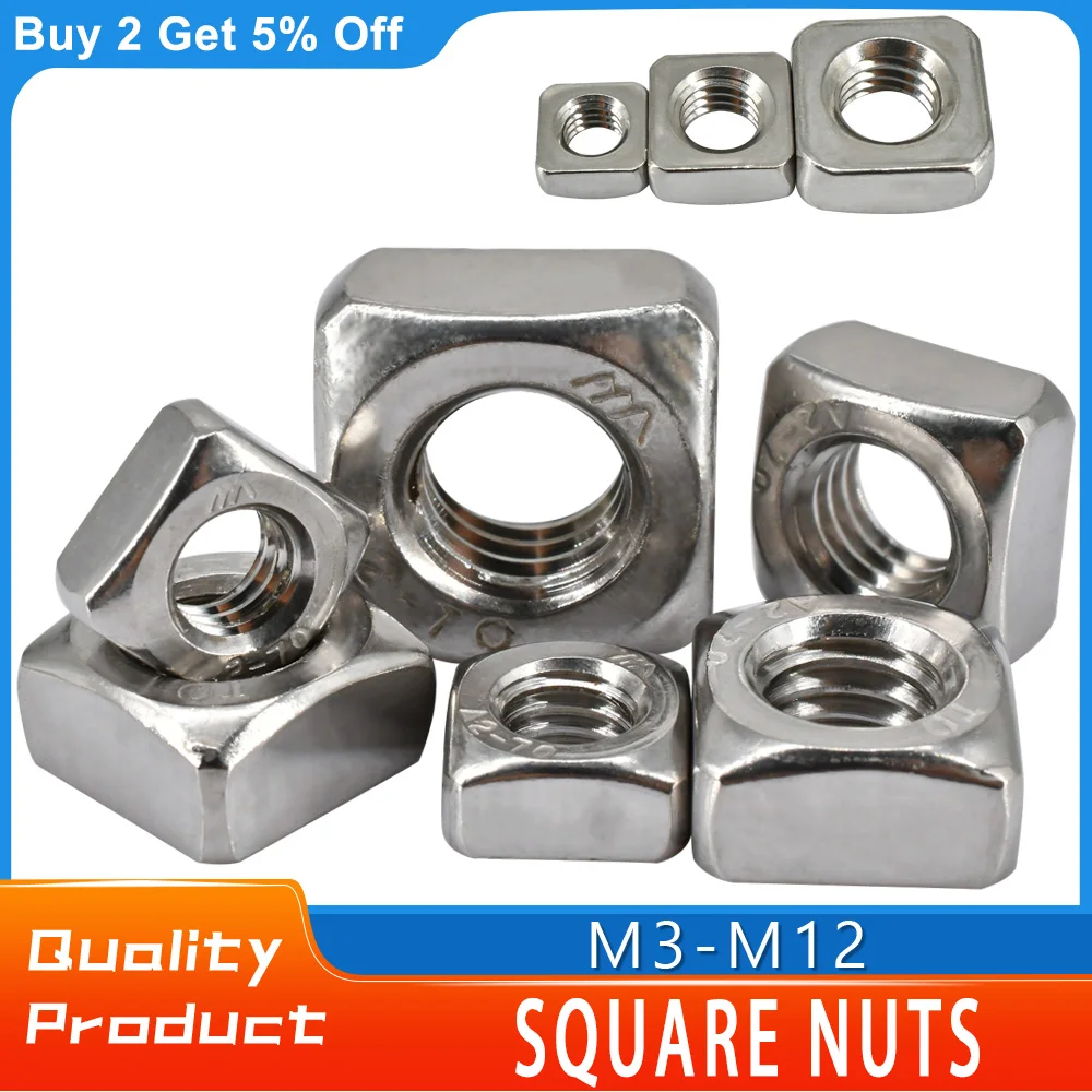 

A2-70 M3M4 M5 M6 M8 M10 M12 Square Nuts 304 Stainless Steel Metric Threaded Square Nut Foursquare Quadrate High Quality 5-5pcs