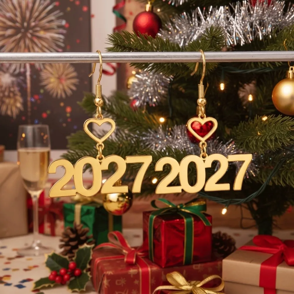 Elegant 2027 Digital Earrings Hollowed-out Fashion Metal Alloy Happy New Year Earrings Long Drop Love Heart Design Stud Earrings