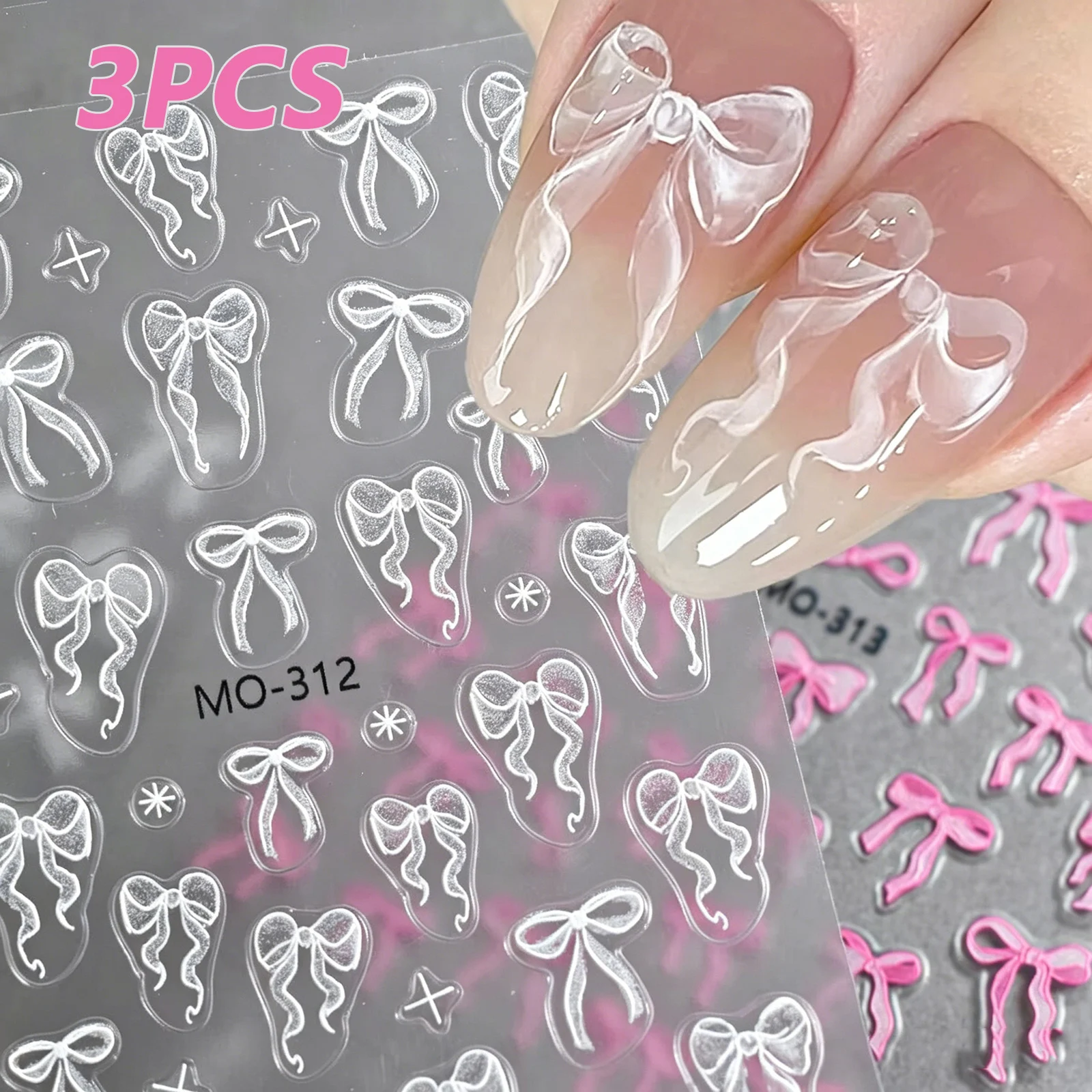 

3Pcs Cute Sweet Pink Bowknot Nail Stickers 3D Relief Ribbon Self-Adhesive Nail Art Decoration Decals for Nail Tips Manicures