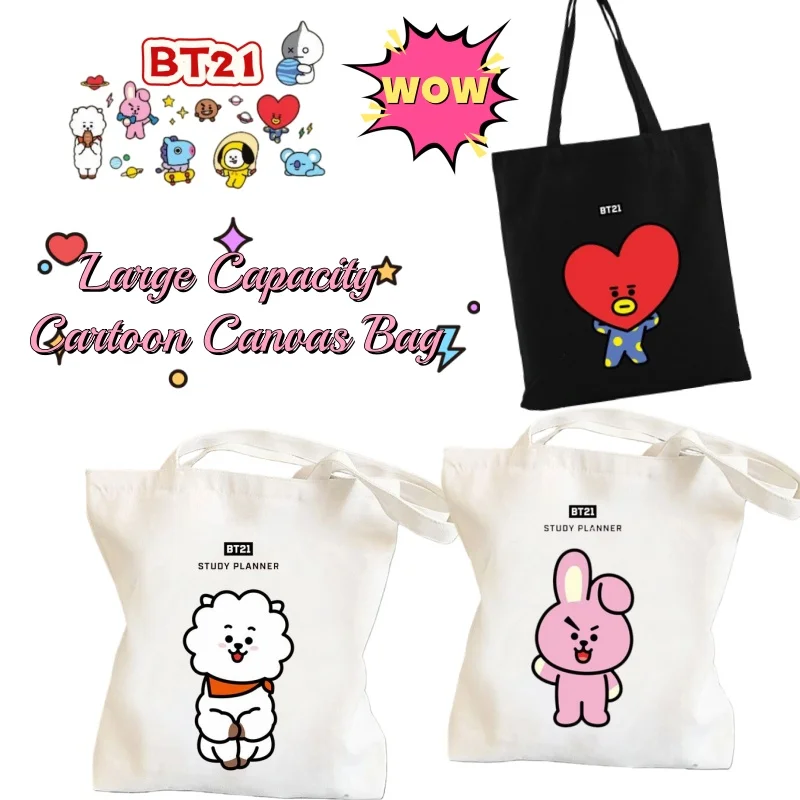 Новая сумка BT21 Shaky Mang Chimmy Tata Cooky: высококачественная креативная сумка из холщовой ткани с принтом, повседневная студенческая сумка через плечо, портативная сумка для покупок.
