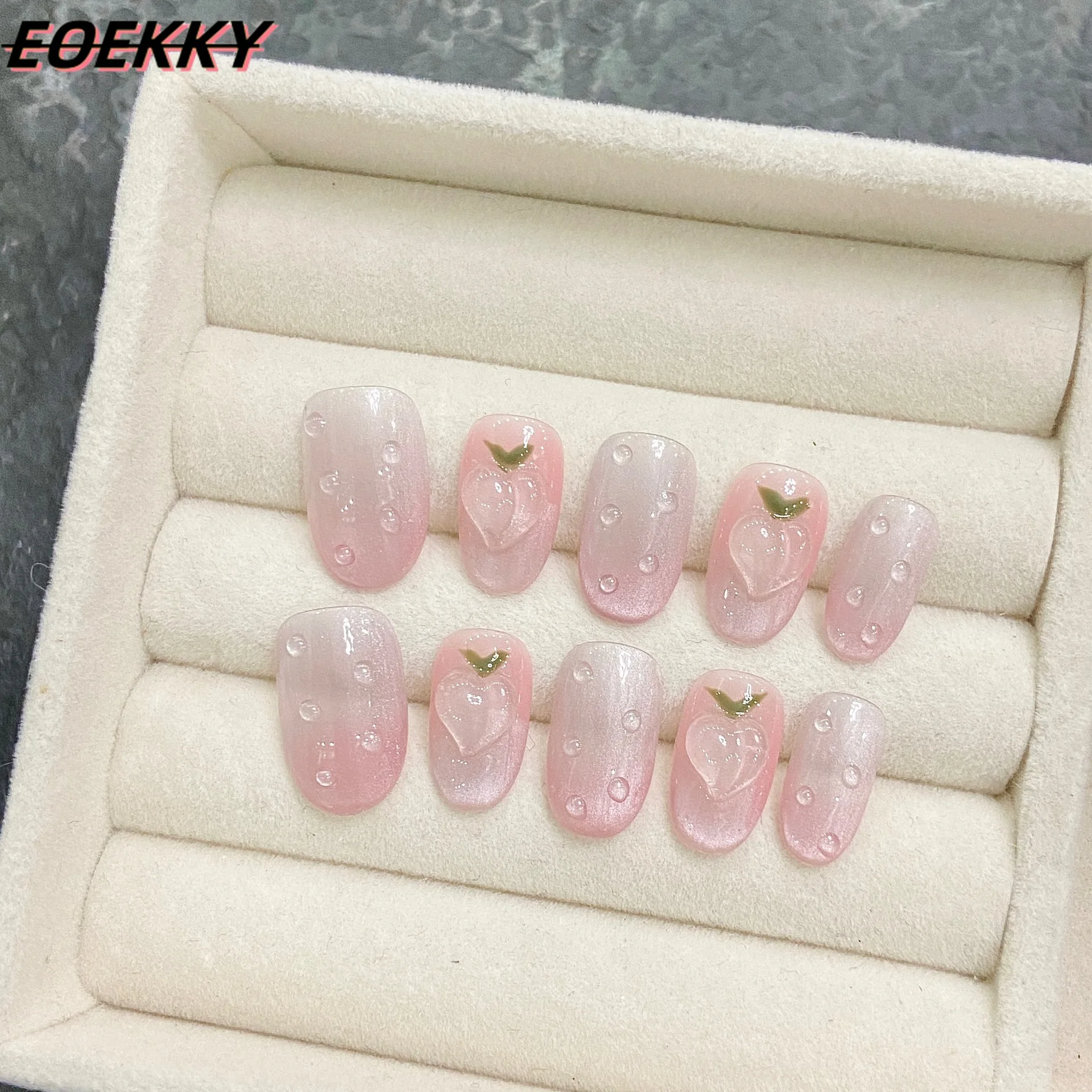 

10 pieces of short almond handmade nail peach colored fake nails, wearable adhesive nail wearing nail, press on nail with design