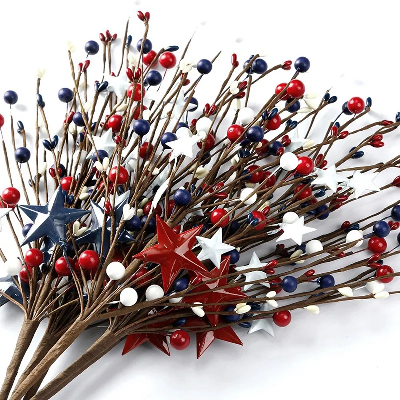 6PCS 16Inch Artificial Berry Stem Picks Patriotic Pip Berry For 4Th Of July Independence Day Memorial Day Decoration