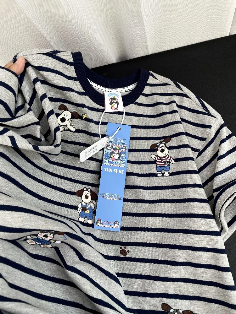 

Cute Embroidered Dog Stripe ort Sve T-irt Women's Summer Loose Versatile Cotton Pure Color round Ne Top